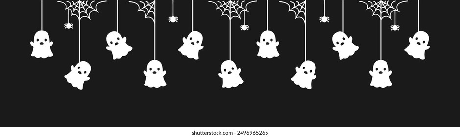 Happy Halloween banner border with ghost hanging from spider webs. Spooky Ornaments Decoration Vector illustration, trick or treat party invitation
