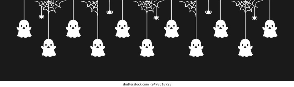 Happy Halloween banner border with ghost hanging from spider webs. Spooky Ornaments Decoration Vector illustration, trick or treat party invitation