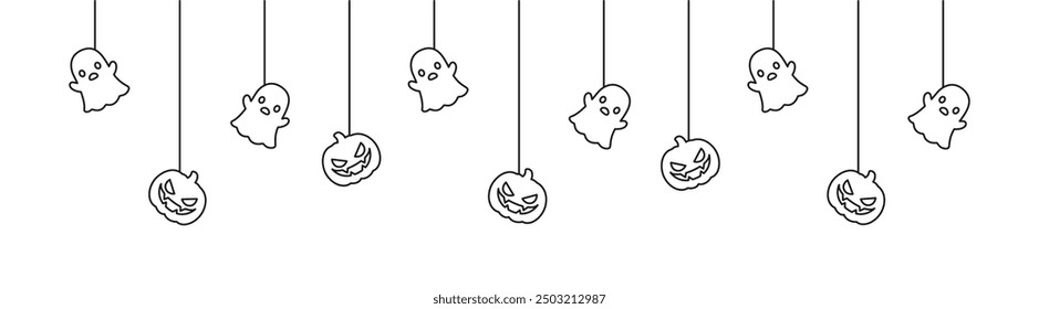 Happy Halloween banner or border with ghost and jack o lantern pumpkins outline doodle. Hanging Spooky Ornaments Decoration Vector illustration, trick or treat party invitation