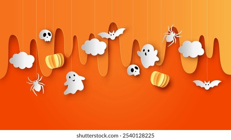 Happy Halloween banner or border with ghost, pumpkins, spider, bat and skull. Hanging Spooky Ornaments Decoration. paper cut and craft style. vector, illustration.