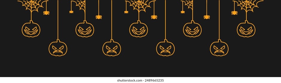 Happy Halloween banner or border with glowing jack o lantern pumpkins. Hanging Spooky Ornaments Decoration Vector illustration, trick or treat party invitation