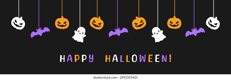 Happy Halloween banner or border with glowing bats, ghost and jack o lantern pumpkins. Hanging Spooky Ornaments Decoration Vector illustration, trick or treat party invitation