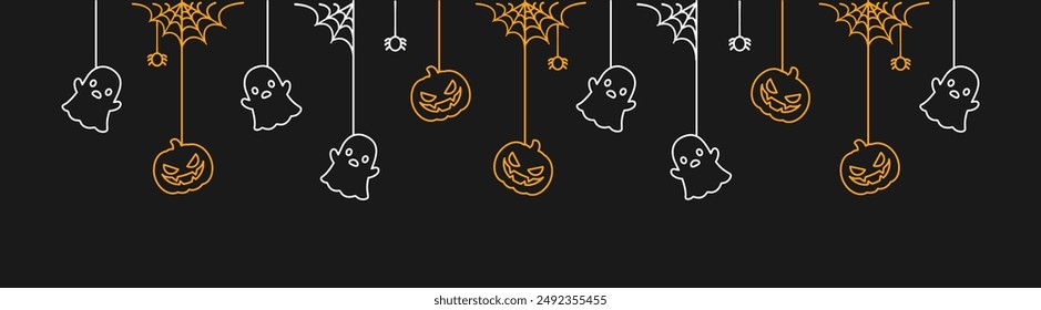 Feliz Anuncio de Halloween o borde con fantasmas brillantes y calabazas de farol. Decoración de adornos fantasmagóricos colgantes Ilustración vectorial, truco o invitación de fiesta