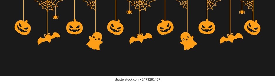 Happy Halloween banner or border with glowing bats, ghost and jack o lantern pumpkins. Hanging Spooky Ornaments Decoration Vector illustration, trick or treat party invitation