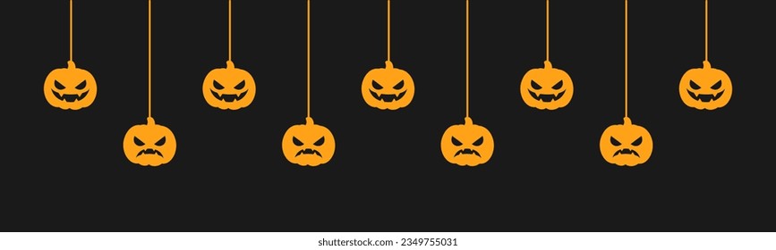 Happy Halloween banner or border with jack o lantern pumpkins silhouette. Hanging Spooky Ornaments Decoration Vector illustration, trick or treat party invitation