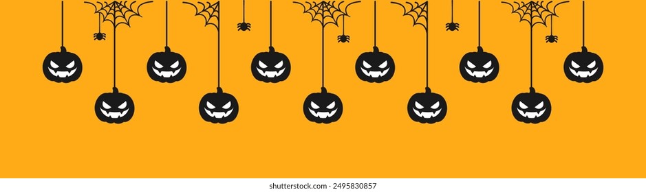 Happy Halloween banner border with jack o lantern pumpkins hanging from spider webs. Spooky Ornaments Decoration Vector illustration, trick or treat party invitation