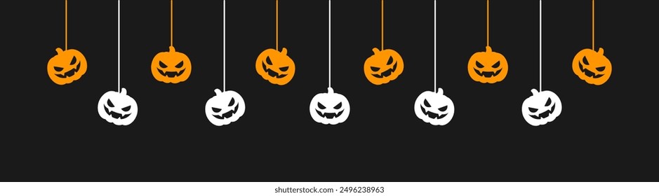 Happy Halloween banner border with jack o lantern pumpkins hanging from spider webs. Spooky Ornaments Decoration Vector illustration, trick or treat party invitation