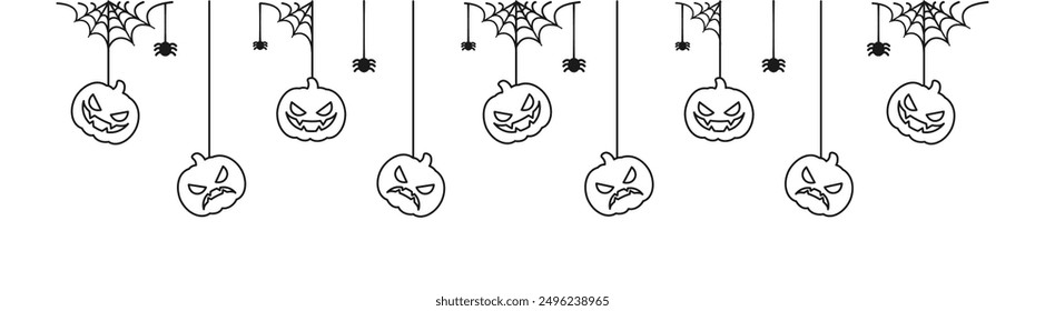 Happy Halloween banner or border with jack o lantern pumpkins outline doodle. Hanging Spooky Ornaments Decoration Vector illustration, trick or treat party invitation