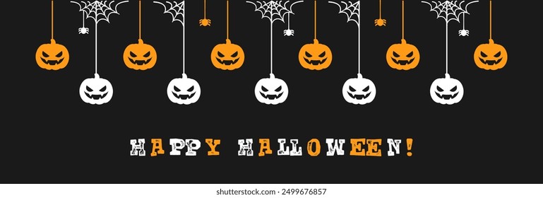 Happy Halloween banner border with jack o lantern pumpkins hanging from spider webs. Spooky Ornaments Decoration Vector illustration, trick or treat party invitation