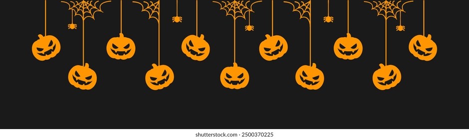 Happy Halloween banner border with jack o lantern pumpkins hanging from spider webs. Spooky Ornaments Decoration Vector illustration, trick or treat party invitation