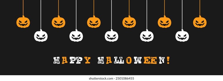 Happy Halloween banner border with jack o lantern pumpkins hanging from spider webs. Spooky Ornaments Decoration Vector illustration, trick or treat party invitation