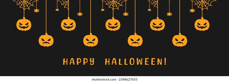 Feliz banner de Halloween o frontera con telaraña y silueta de calabazas de linternas. Ornamentos espeluznantes colgantes Decoración Vector ilustración, truco o invitación de fiesta