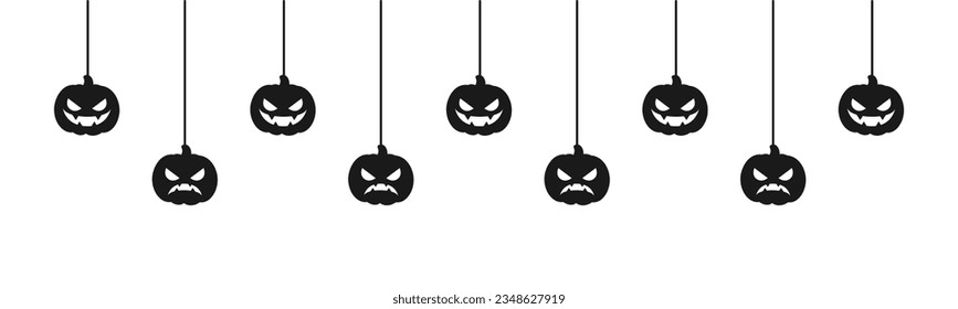 Happy Halloween banner or border with spider web and jack o lantern pumpkins. Hanging Spooky Ornaments Decoration Vector illustration, trick or treat party invitation