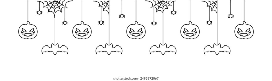 Happy Halloween banner or border with spider web, bats and jack o lantern pumpkins outline doodle. Hanging Spooky Ornaments Decoration Vector illustration, trick or treat party invitation