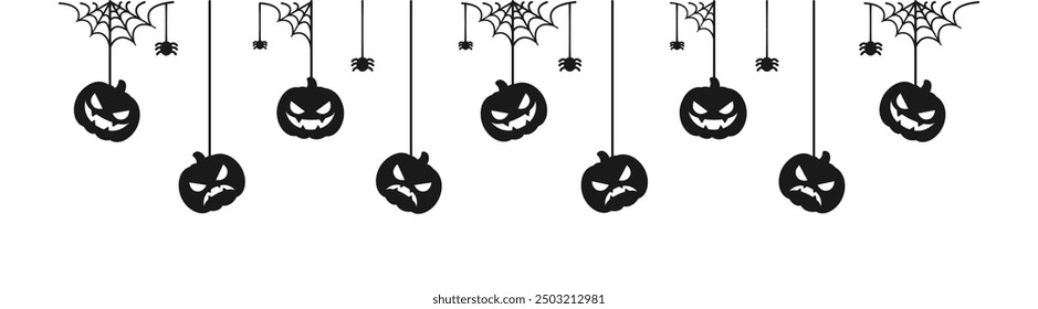 Happy Halloween banner or border with spider web and jack o lantern pumpkins. Hanging Spooky Ornaments Decoration Vector illustration, trick or treat party invitation