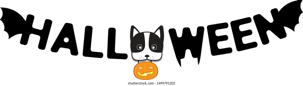 Happy Halloween Banner with Boston Terrier Dog Paper Cut Design Carry Ghost Pumpkin Vector Background. Party Celebration Invitation Card Concept