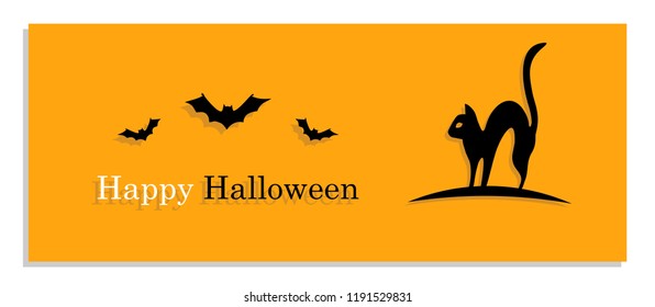 Happy Halloween Banner Card with Cat and Bat Silhouette