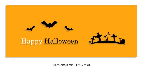 Happy Halloween Banner Card with Graveyard and Bat Silhouette
