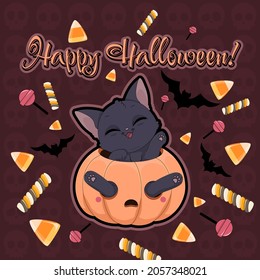 Happy Halloween banner, card or party invitation background with cat in carved pumpkin, bats and sweets backdrop with skulls. Vector funny illustration.