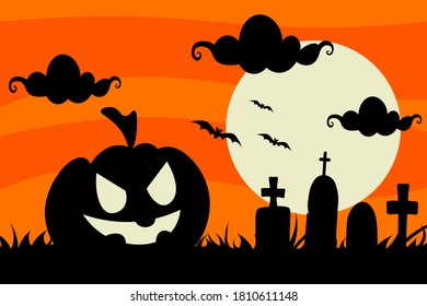 Happy Halloween banner or card or poster with jack lantern and  old gravestones or tombs and big moon