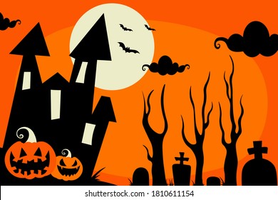 Happy Halloween banner or card or poster with jack lantern, scary trees and old house or castle and gravestones or tombs 