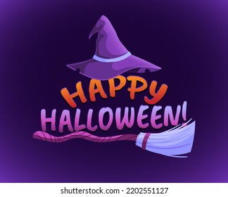 Happy Halloween banner. Card with witch broom and wizard hat, halloween event costume accessories vector illustration of banner witch holiday