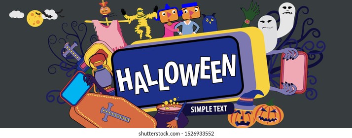 Happy Halloween banner with cartoon characters dead men and moon for website. Vector banner