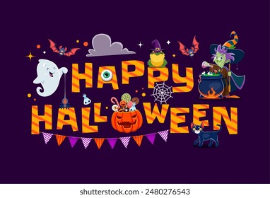 Happy Halloween banner. Cartoon witch, kawaii ghost and sweets bucket. October party or autumn holiday festive vector horizontal banner, fall season horror poster Halloween monsters cute characters