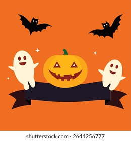 happy halloween banner with carved pumpkins bats
