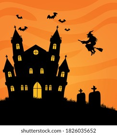 happy halloween banner with castle haunted, bats and witch flying vector illustration design
