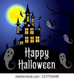 Happy Halloween, banner, castle, moon, ghosts,bat, vector illustration