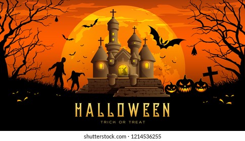 Happy Halloween Banner Castle And Pumpkin With Bat On Moon Night Orange Background, Vector Illustrations