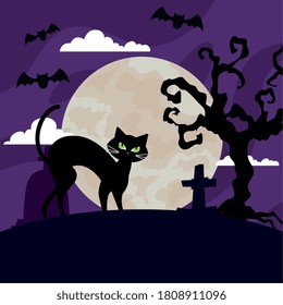 happy halloween banner with cat, bats flying, dry tree, and moon vector illustration design