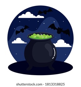 happy halloween banner with cauldron and bats flying vector illustration design