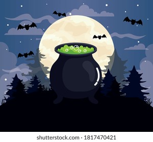 happy halloween banner with cauldron and bats flying in dark night vector illustration design