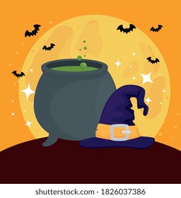 happy halloween banner with cauldron, bats flying and hat witch vector illustration design