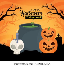 happy halloween banner with cauldron, skull bone and pumpkins vector illustration design