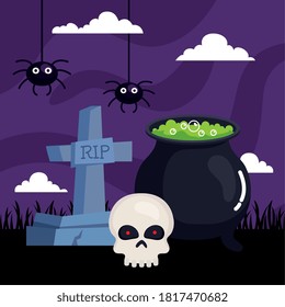 happy halloween banner with cauldron, tombstone, skull and spiders vector illustration design