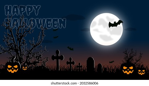 Happy Halloween banner for celebration. poster. landing page. Background. proverb,. haunted tomb silhouette. pumpkin. cross.