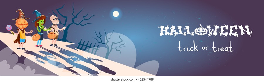 Happy Halloween Banner Children Costumes Party Invitation Banner Flat Vector Illustration