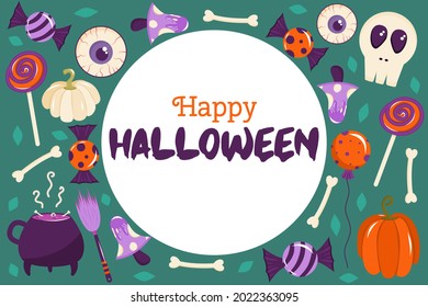 Happy Halloween banner in a circle with place for text. There are pumpkins, bones, mushroom, and eyeballs scattered on the background. Vector illustration for postcards or layouts.