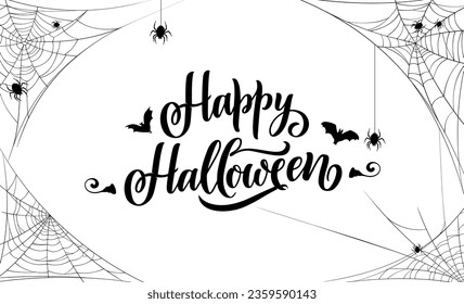 Happy Halloween banner with cobweb and spiders for holiday horror party, vector background. Halloween greeting card with scary flying bats and spooky spiders in spiderweb frame or corner borders