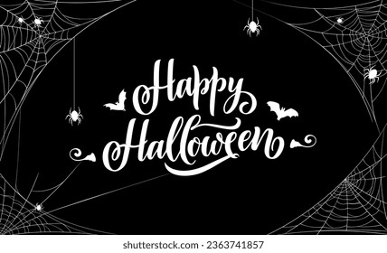 Happy halloween banner with cobweb and spiders. White vector typography with bats and creepy spiders on black background with tangled spiderweb frame. Party poster with scary script and spooky design