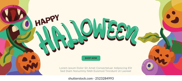 happy halloween banner concept. abstract geometric liquid form. monster halloween with hand drawn banner template vector illustration.