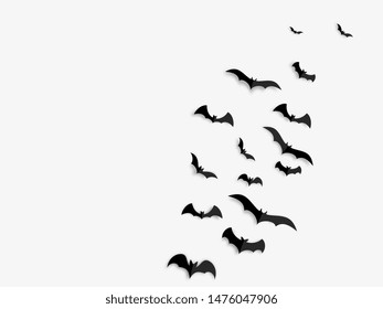 Happy Halloween banner concept. Black paper bats on white background. Vector illustration.