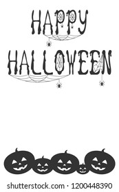 HAPPY HALLOWEEN banner with copy space. Jack O'Lantern pumpkin and spider silhouettes on white background. Vector illustration.