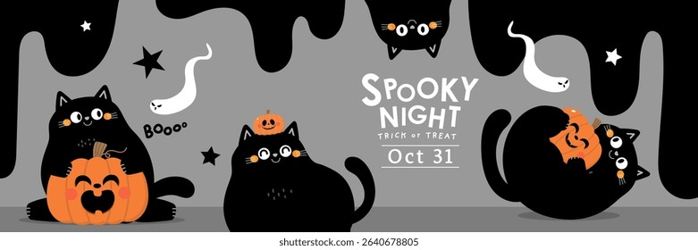 Happy Halloween banner with cute black cat and spooky pumpkin. Animal holidays cartoon character. -Vector.