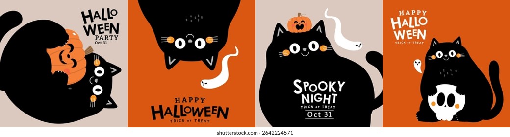 Happy Halloween banner with cute black cat, ghost and spooky pumpkin. Animal holidays cartoon character. -Vector.