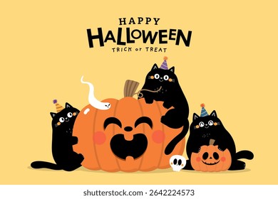 Happy Halloween banner with cute black cat, ghost and spooky pumpkin. Animal holidays cartoon character. -Vector.