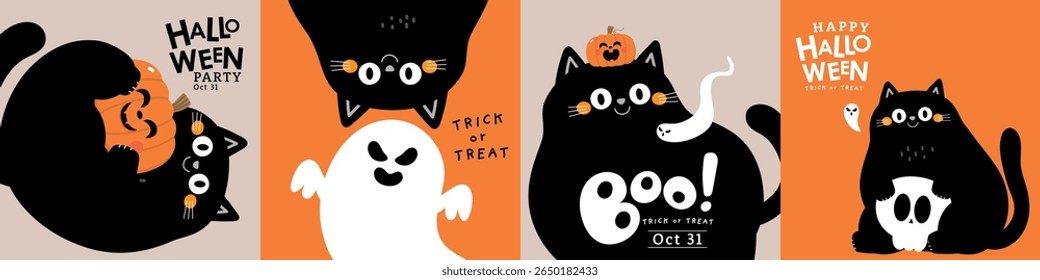 Happy Halloween banner with cute black cat, ghost and spooky pumpkin. Animal holidays cartoon character. -Vector.